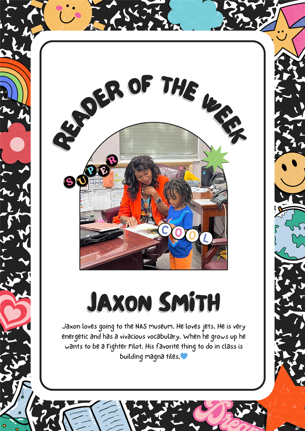 Reader of the Week Jaxon Smith reading to the principal